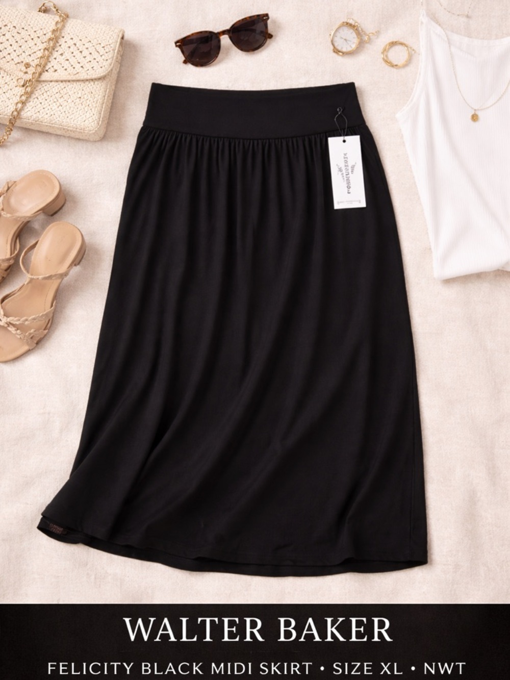 Walter Baker Black Midi Skirt Size XL NWT High Waist Flowy Pull On